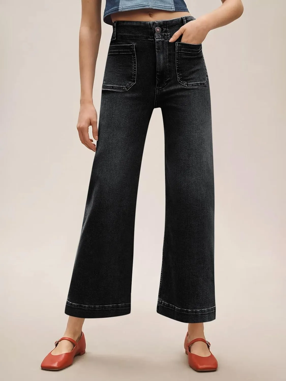 Tankaneo Womens Loose Wide Leg Jeans High Waisted Flare Trendy Boyfriends Cotton Denim Pants with Front Patch Pockets
