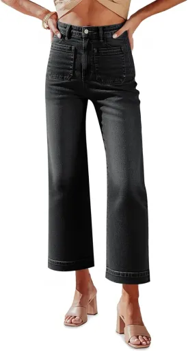 Tankaneo Womens Loose Wide Leg Jeans High Waisted Flare Trendy Boyfriends Cotton Denim Pants with Front Patch Pockets
