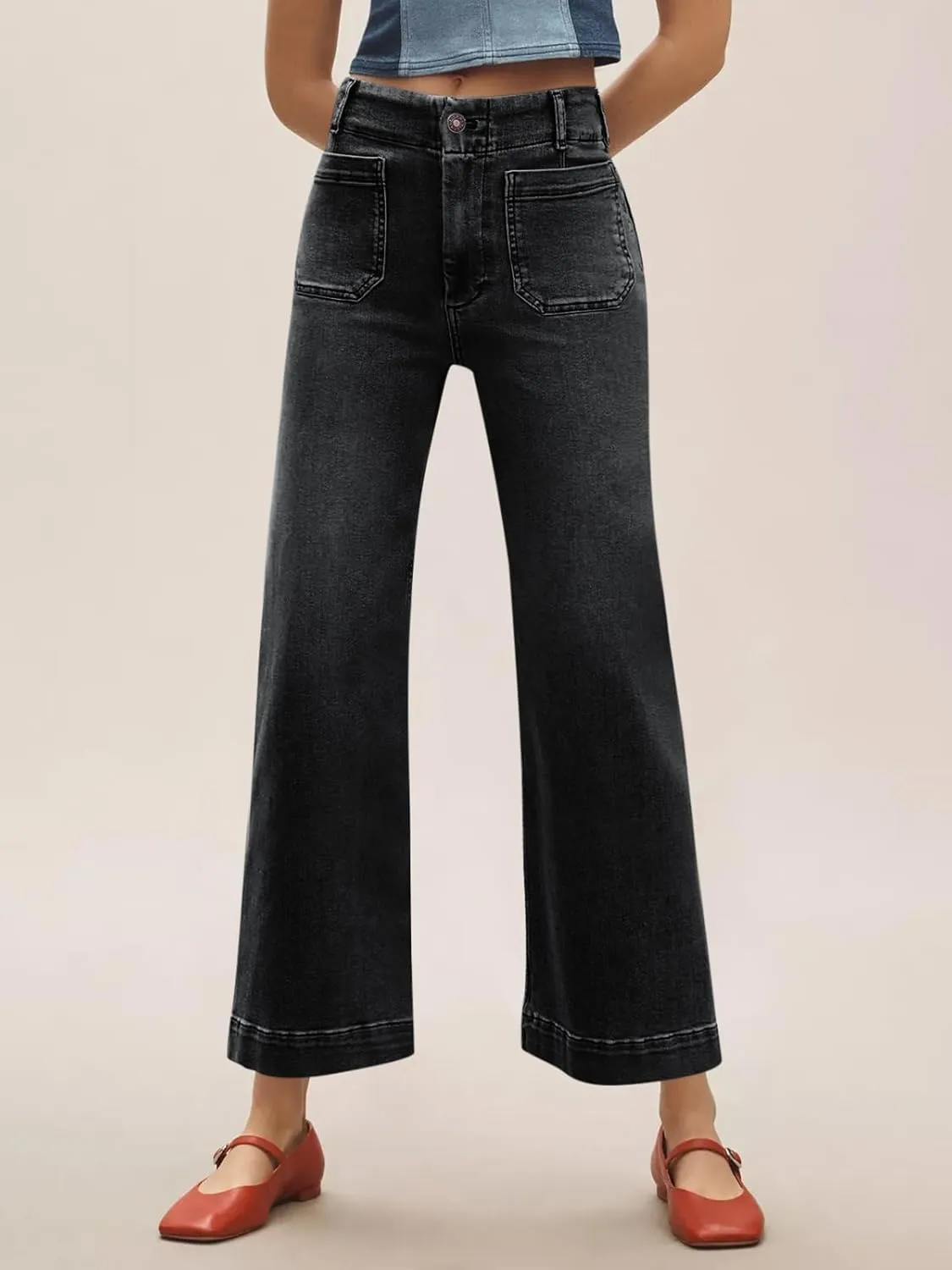 Tankaneo Womens Loose Wide Leg Jeans High Waisted Flare Trendy Boyfriends Cotton Denim Pants with Front Patch Pockets