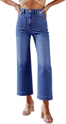 Tankaneo Womens Loose Wide Leg Jeans High Waisted Flare Trendy Boyfriends Cotton Denim Pants with Front Patch Pockets