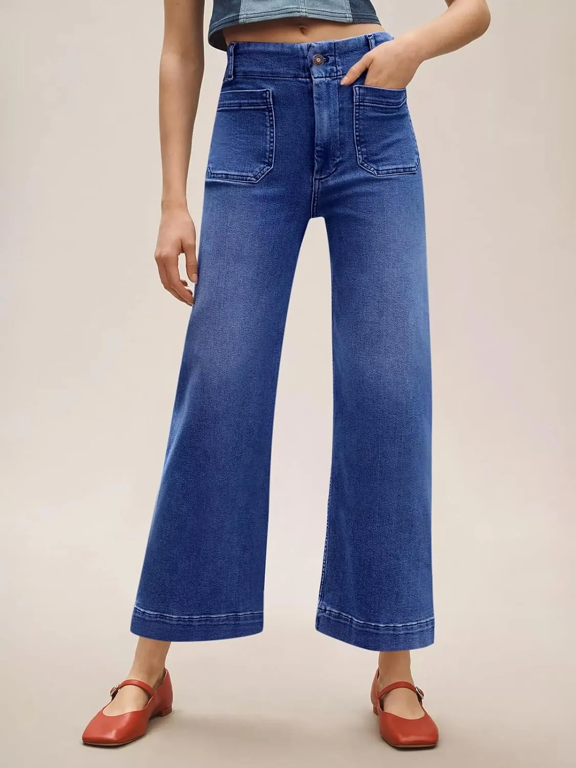 Tankaneo Womens Loose Wide Leg Jeans High Waisted Flare Trendy Boyfriends Cotton Denim Pants with Front Patch Pockets