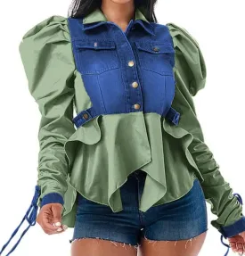 Vakkest Women's Sexy Patchwork Denim Jacket Shirt Long Puff Sleeve Blouses Turn Down Collar Button Up Tops Streetwear