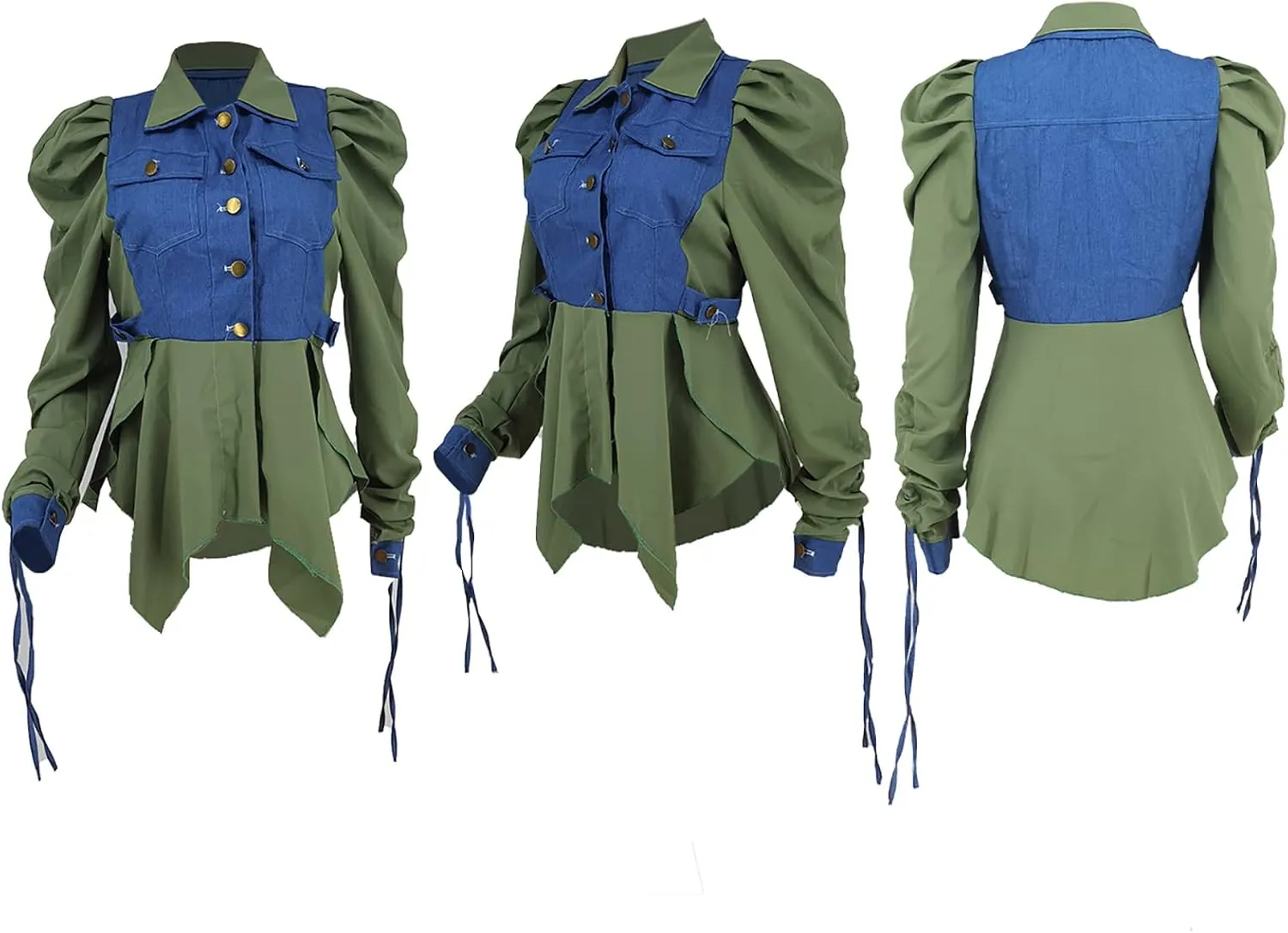 Vakkest Women's Sexy Patchwork Denim Jacket Shirt Long Puff Sleeve Blouses Turn Down Collar Button Up Tops Streetwear
