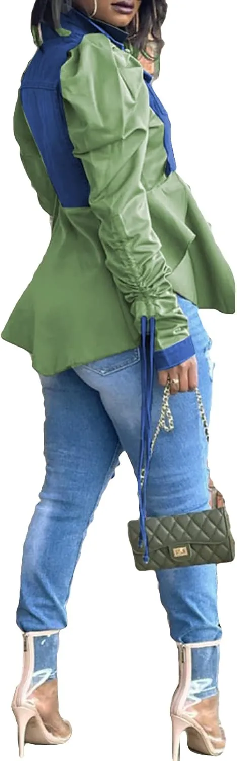 Vakkest Women's Sexy Patchwork Denim Jacket Shirt Long Puff Sleeve Blouses Turn Down Collar Button Up Tops Streetwear