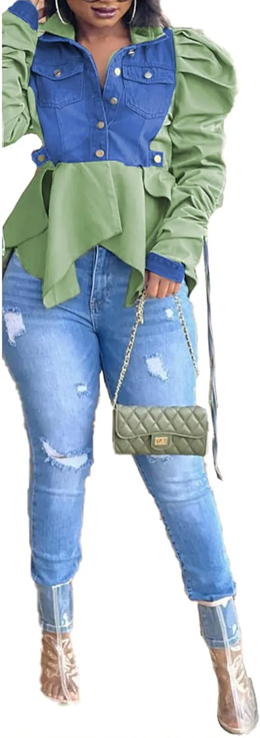 Vakkest Women's Sexy Patchwork Denim Jacket Shirt Long Puff Sleeve Blouses Turn Down Collar Button Up Tops Streetwear