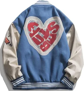 Vamtac Mens Varsity Baseball Jacket Letter Foaming Love Print Varsity Cotton Fur Coats Streetwear with Pocket