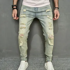 Vintage Men's Ripped Skinny Pencil Jeans Pants Hip Hop Stylish Denim Trousers
