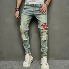 Vintage Men's Stylish Embroidery Ripped Hip Hop Pencil Stretch Denim Jeans
