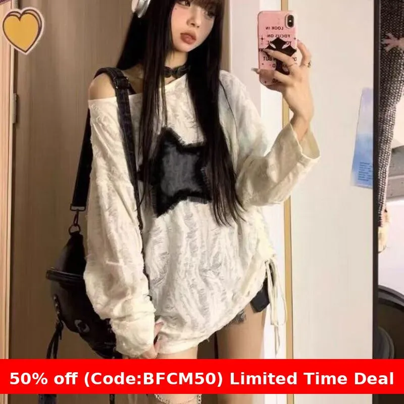 Wenkouban 1980s fashion trends winter outfits  Black Friday Japanese Style Drawstring Gray Functional Style Hot Girl T-shirt Autumn Women's Top Star Ripped Loose Long Sleeve Bottoming Shirt Trendy