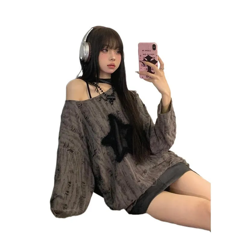 Wenkouban 1980s fashion trends winter outfits  Black Friday Japanese Style Drawstring Gray Functional Style Hot Girl T-shirt Autumn Women's Top Star Ripped Loose Long Sleeve Bottoming Shirt Trendy