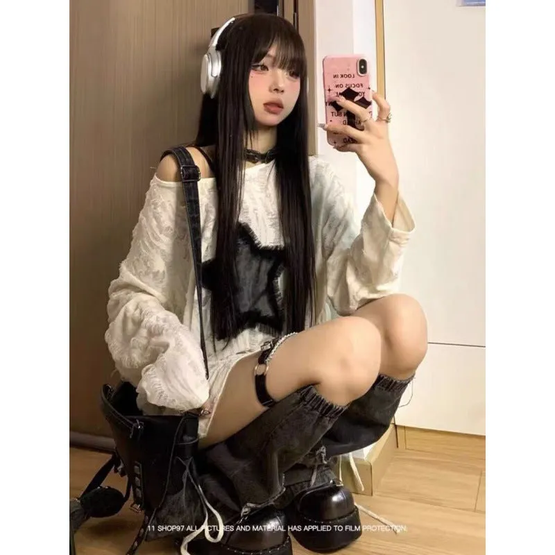 Wenkouban 1980s fashion trends winter outfits  Black Friday Japanese Style Drawstring Gray Functional Style Hot Girl T-shirt Autumn Women's Top Star Ripped Loose Long Sleeve Bottoming Shirt Trendy