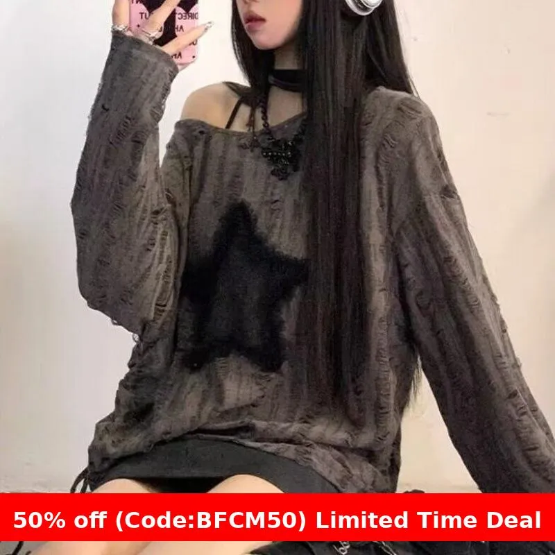 Wenkouban 1980s fashion trends winter outfits  Black Friday Japanese Style Drawstring Gray Functional Style Hot Girl T-shirt Autumn Women's Top Star Ripped Loose Long Sleeve Bottoming Shirt Trendy