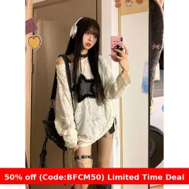 Wenkouban 1980s fashion trends winter outfits  Black Friday Japanese Style Drawstring Gray Functional Style Hot Girl T-shirt Autumn Women's Top Star Ripped Loose Long Sleeve Bottoming Shirt Trendy