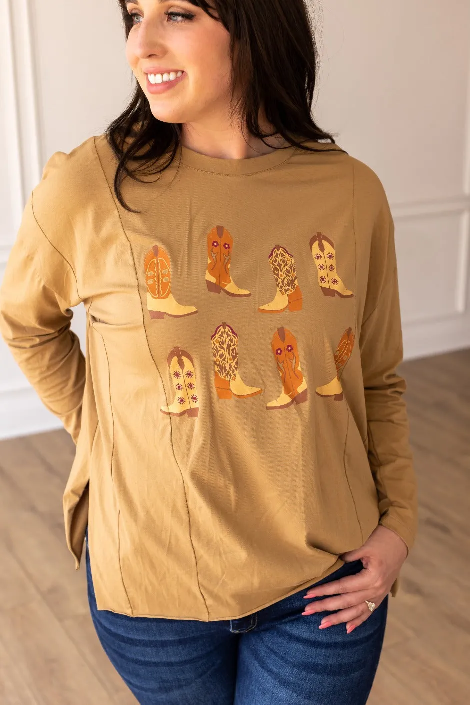 Western Boots on Tan Long-sleeved T-shirts With Side Stitching