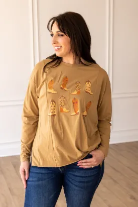 Western Boots on Tan Long-sleeved T-shirts With Side Stitching