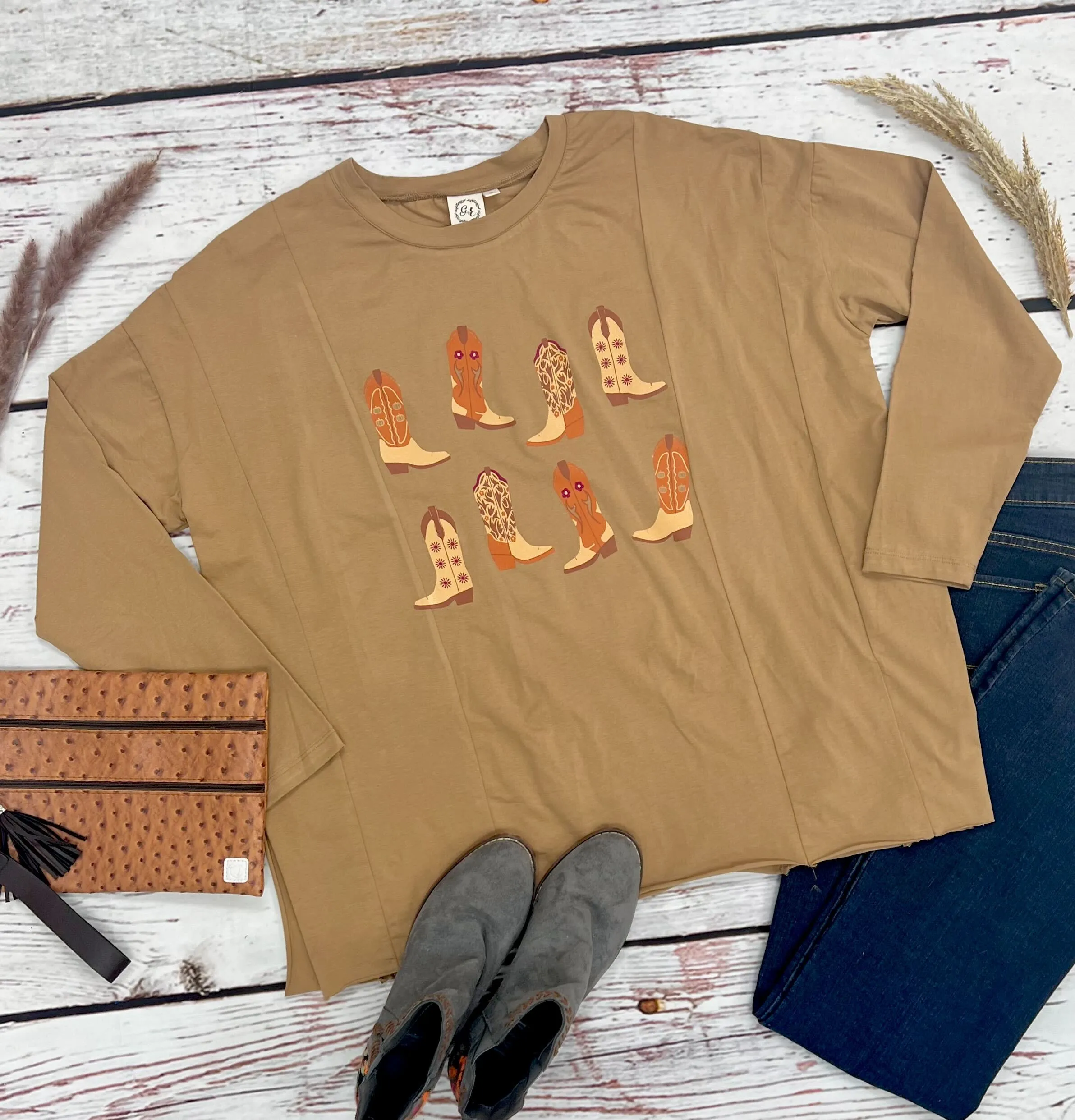 Western Boots on Tan Long-sleeved T-shirts With Side Stitching