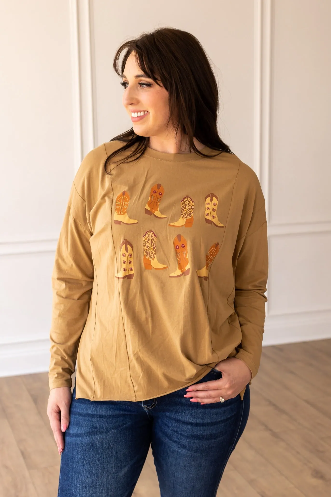 Western Boots on Tan Long-sleeved T-shirts With Side Stitching