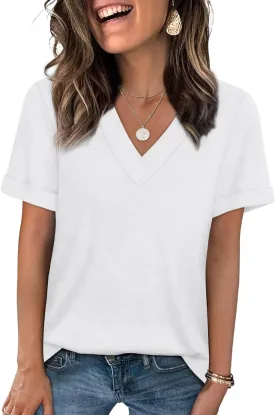WIHOLL Womens Summer Tops Short Sleeve Basic Casual V Neck T Shirts Trendy Fashion 2025