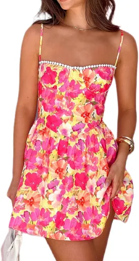Women Boho Floral Short Dress Graffiti Backless Babydoll Dress Flowy Mini Cami Dresses Summer Holiday Sundress