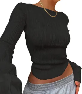 Women Sexy Textured Crop Tops Long Sleeve Ruched Slim Fit T-Shirts Going Out Cropped Tee Club Streetwear