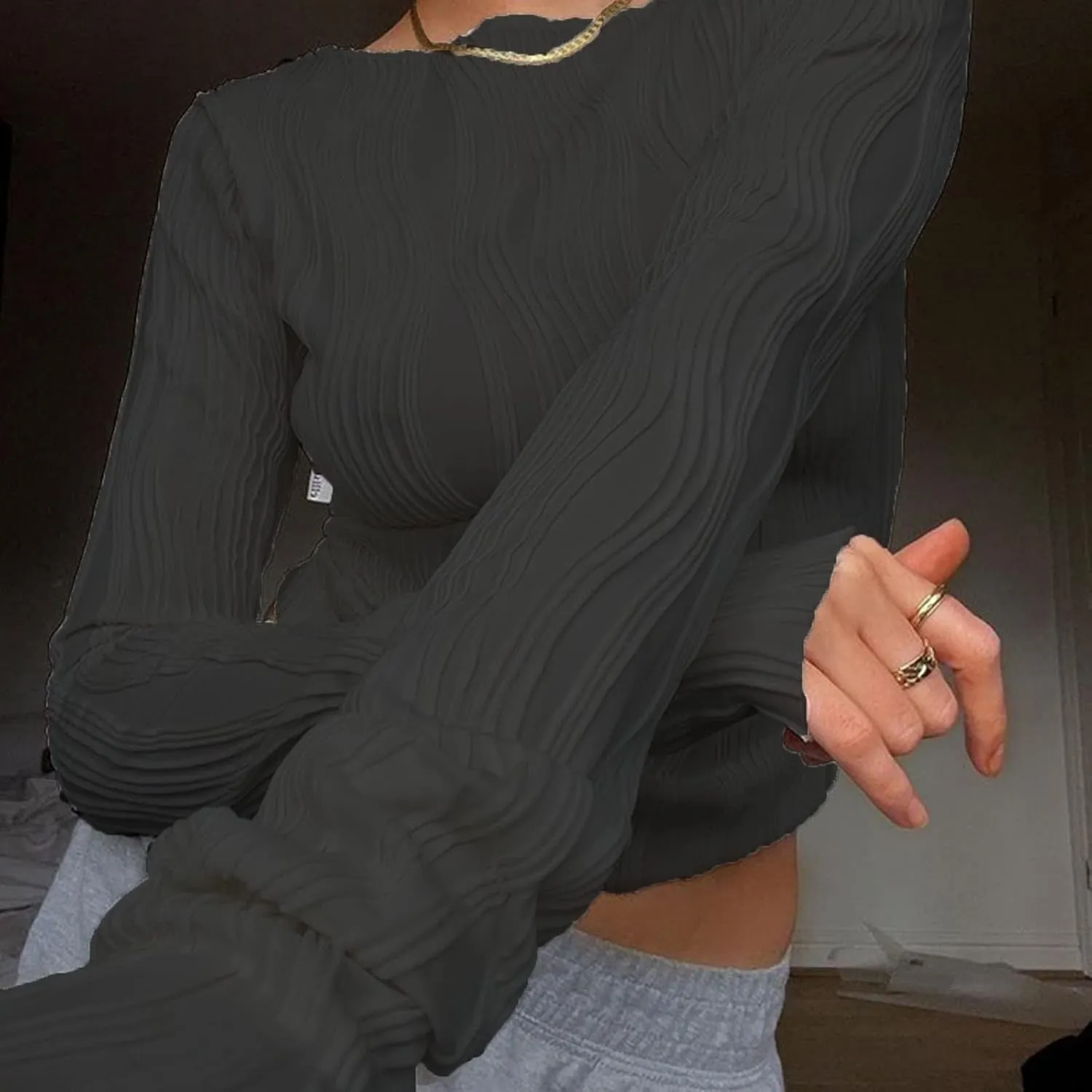 Women Sexy Textured Crop Tops Long Sleeve Ruched Slim Fit T-Shirts Going Out Cropped Tee Club Streetwear
