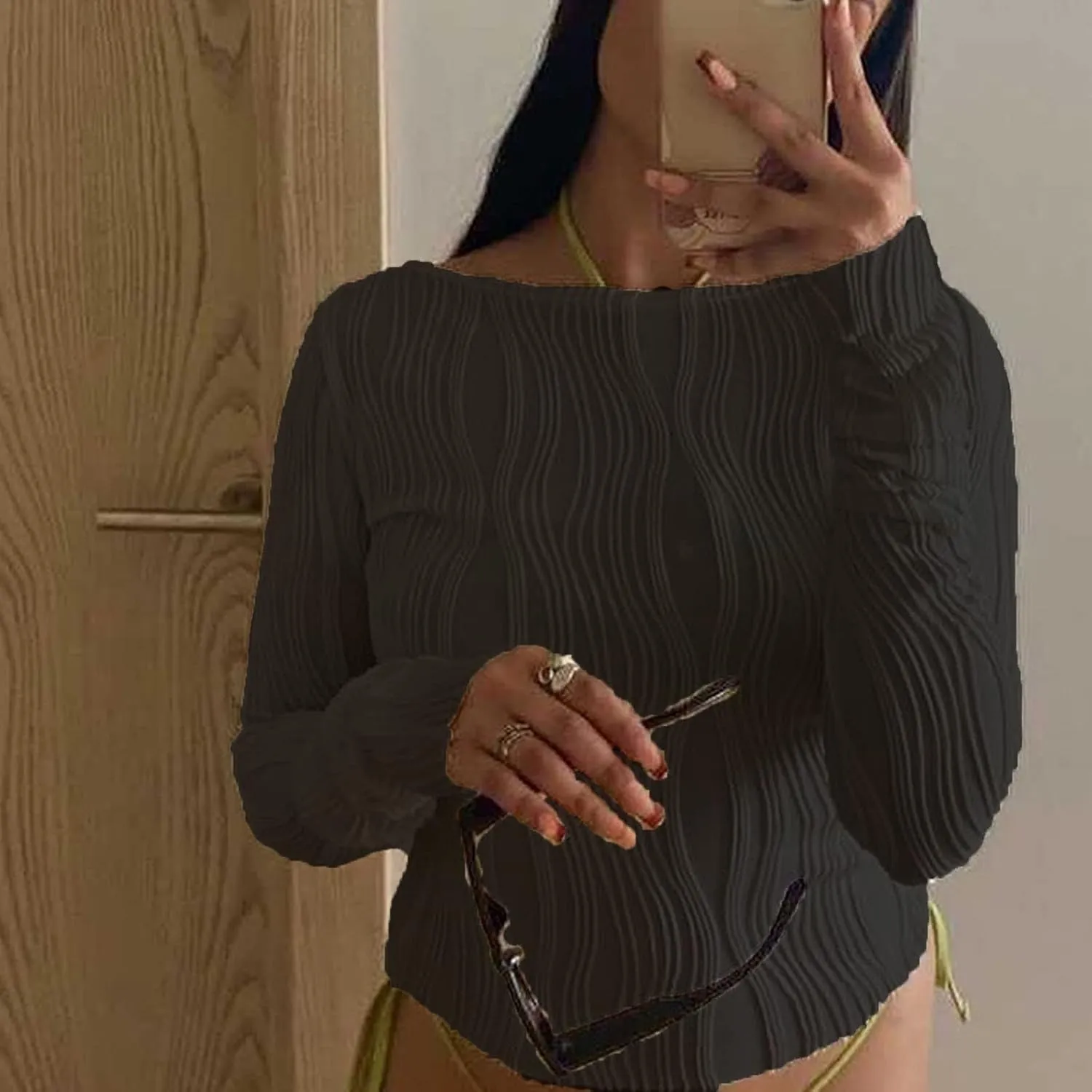 Women Sexy Textured Crop Tops Long Sleeve Ruched Slim Fit T-Shirts Going Out Cropped Tee Club Streetwear