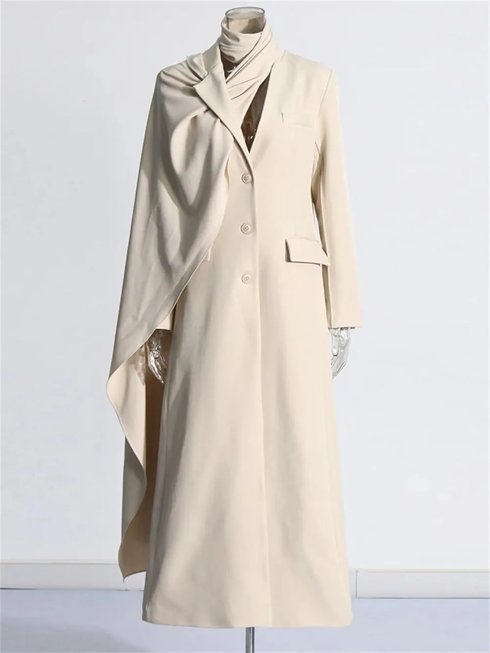 Women Solid Patchwork Pockets Slim TrenchCoat Scarf Collar Long Sleeve Single Breasted Long Jacket