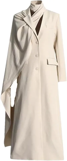 Women Solid Patchwork Pockets Slim TrenchCoat Scarf Collar Long Sleeve Single Breasted Long Jacket