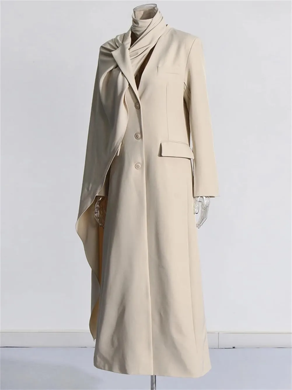 Women Solid Patchwork Pockets Slim TrenchCoat Scarf Collar Long Sleeve Single Breasted Long Jacket