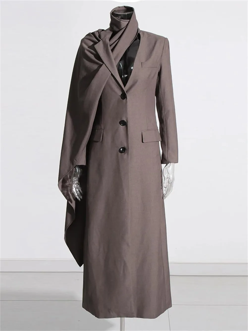 Women Solid Patchwork Pockets Slim TrenchCoat Scarf Collar Long Sleeve Single Breasted Long Jacket