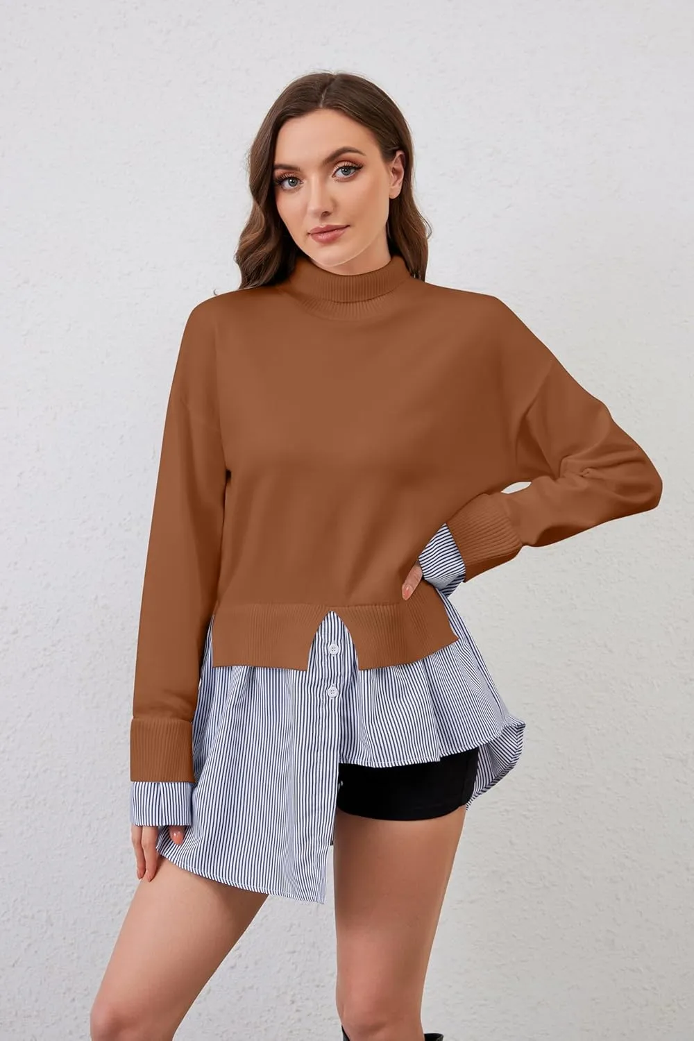 Women Split Turtleneck Sweater 2 in 1 Button Down Patchwork Peplum Blouse Sweaters Asymmetrical Pullover Knit Sweater