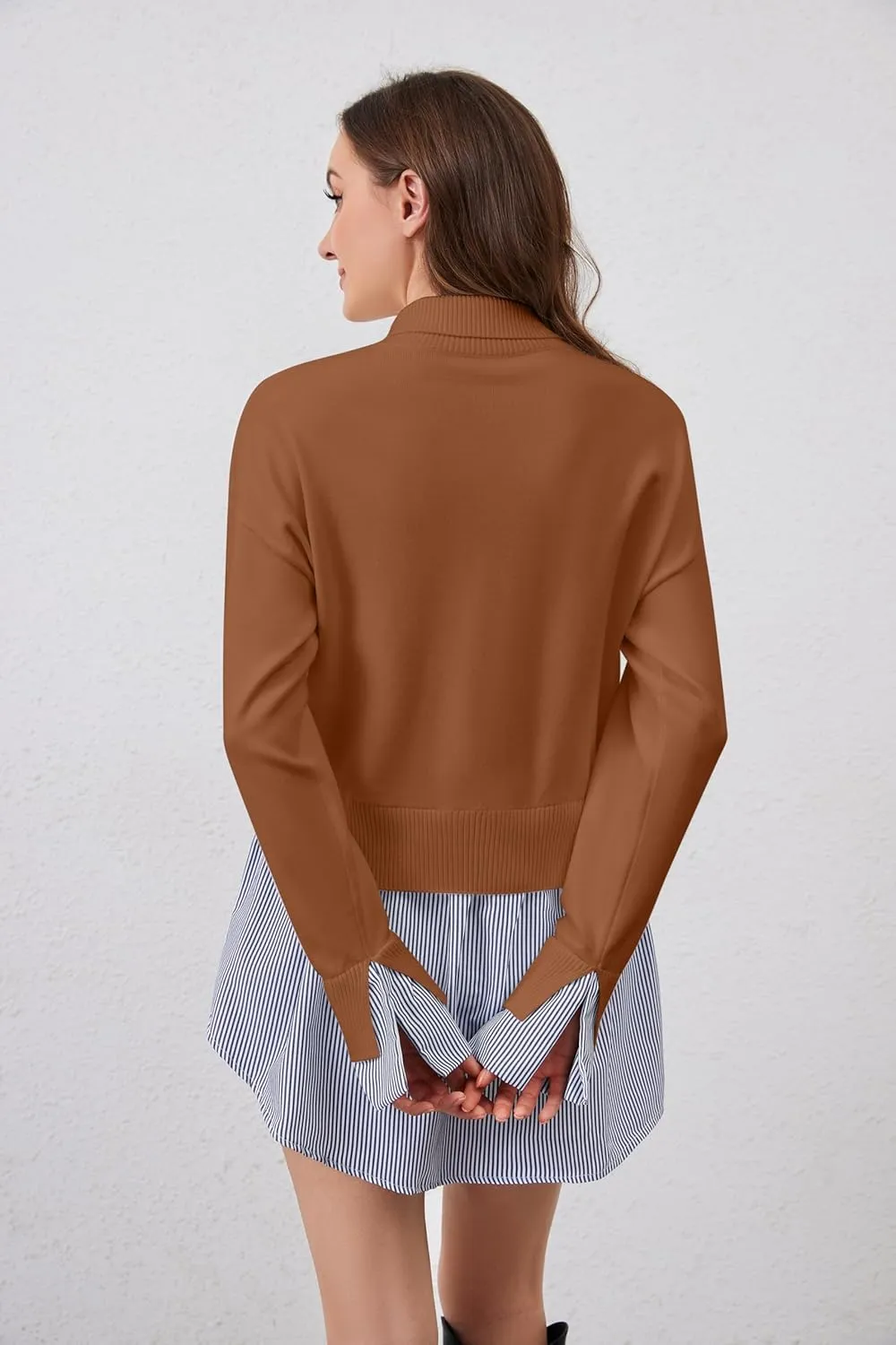 Women Split Turtleneck Sweater 2 in 1 Button Down Patchwork Peplum Blouse Sweaters Asymmetrical Pullover Knit Sweater