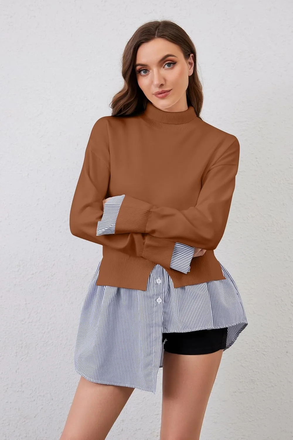 Women Split Turtleneck Sweater 2 in 1 Button Down Patchwork Peplum Blouse Sweaters Asymmetrical Pullover Knit Sweater