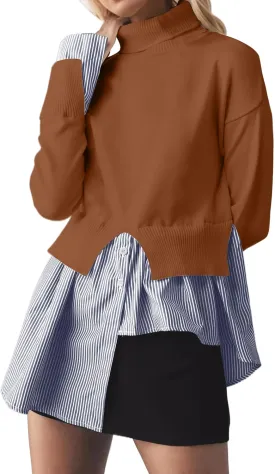 Women Split Turtleneck Sweater 2 in 1 Button Down Patchwork Peplum Blouse Sweaters Asymmetrical Pullover Knit Sweater