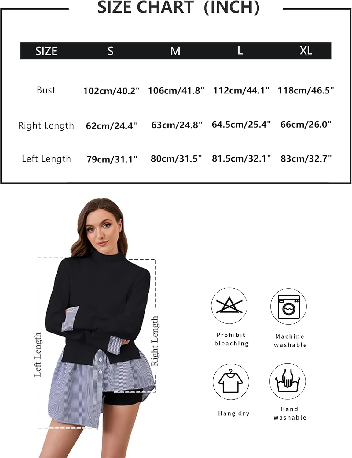 Women Split Turtleneck Sweater 2 in 1 Button Down Patchwork Peplum Blouse Sweaters Asymmetrical Pullover Knit Sweater