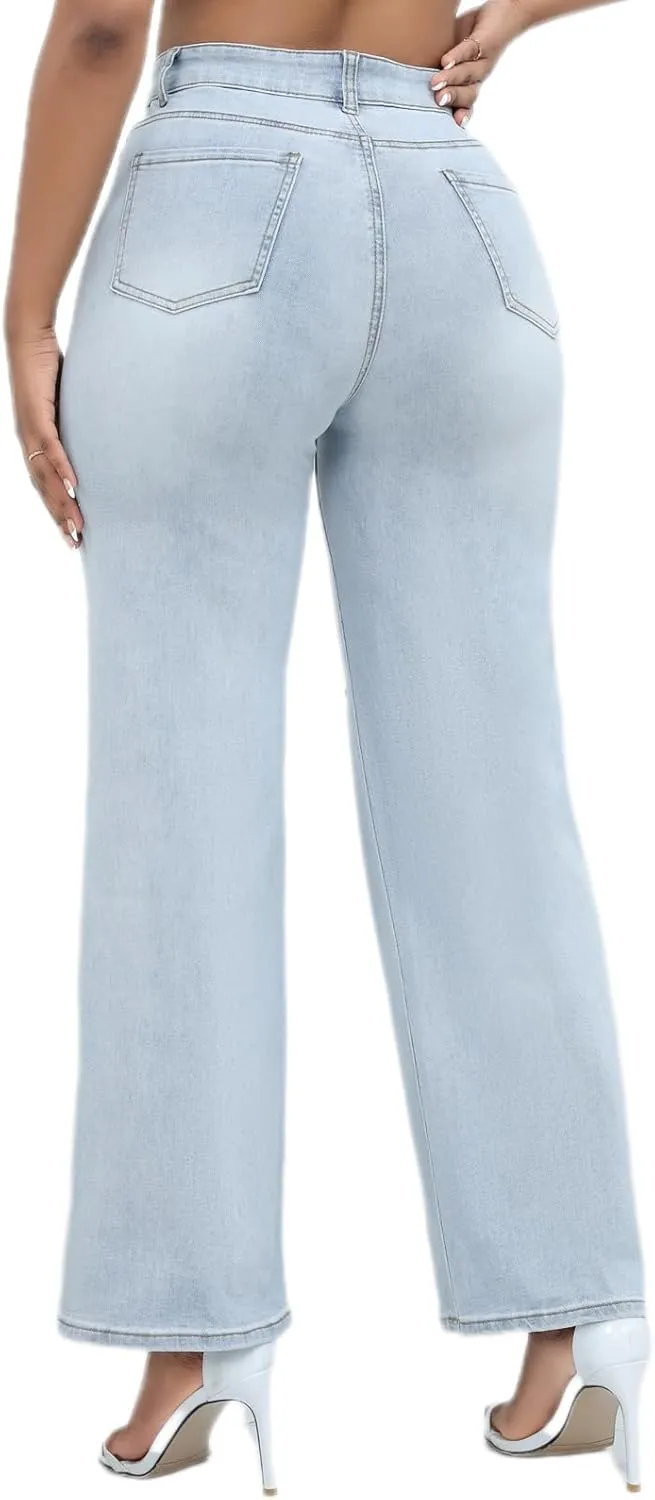 Women Stretchy Distressed Wide Leg Jeans Ripped Mom Baggy Straight Boyfriend Trendy Trouser Denim Pants for Women