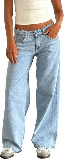 Women Y2k Low Rise Baggy Jeans Loose Fit Boyfriend Straight Wide Leg Jeans Trendy Stretch Long Denim Pants