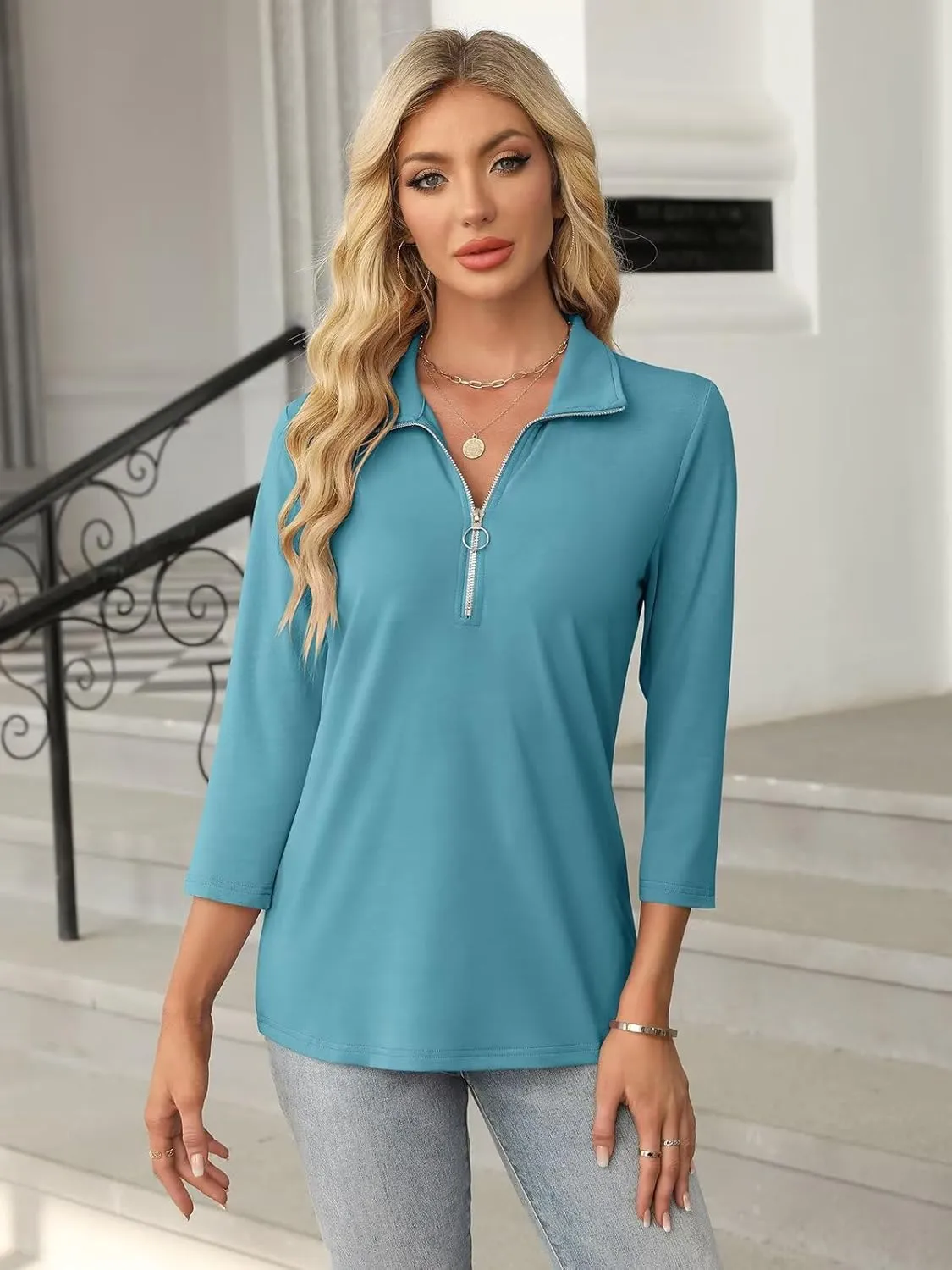 Women's 3/4 Sleeve Tops V Neck T Shirts Zipper Solid/Color Block Collared Polo Shirts