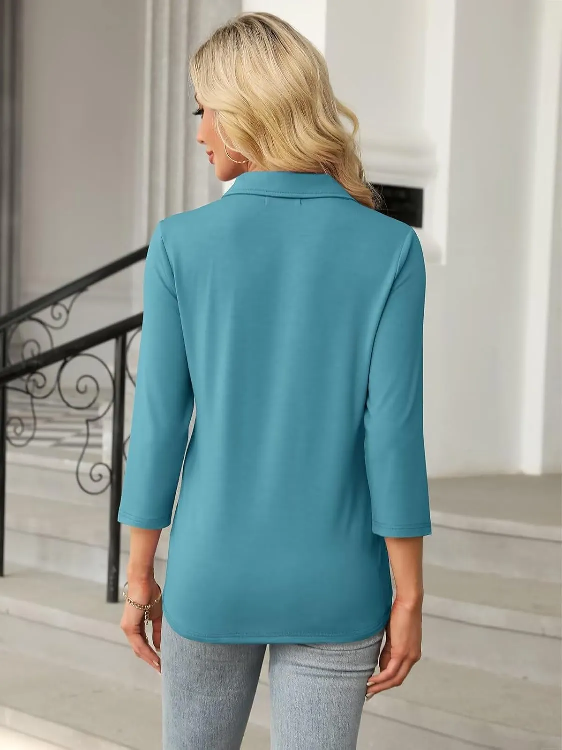 Women's 3/4 Sleeve Tops V Neck T Shirts Zipper Solid/Color Block Collared Polo Shirts