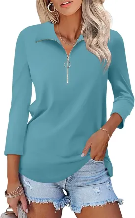 Women's 3/4 Sleeve Tops V Neck T Shirts Zipper Solid/Color Block Collared Polo Shirts