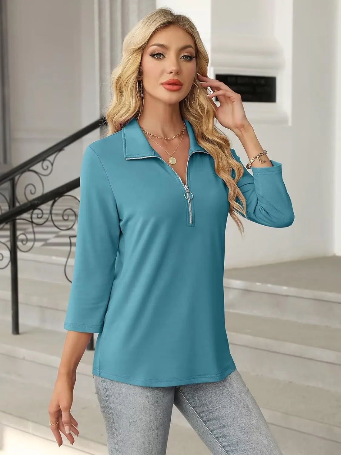 Women's 3/4 Sleeve Tops V Neck T Shirts Zipper Solid/Color Block Collared Polo Shirts