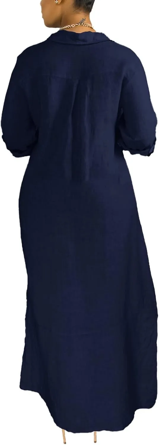 Women's Button Down Maxi Shirts - Casual Loose Long Sleeve Roll Up Shirt Dress Split Dresses