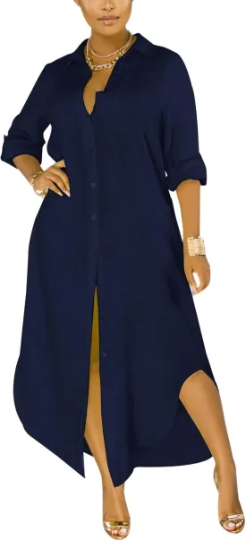 Women's Button Down Maxi Shirts - Casual Loose Long Sleeve Roll Up Shirt Dress Split Dresses