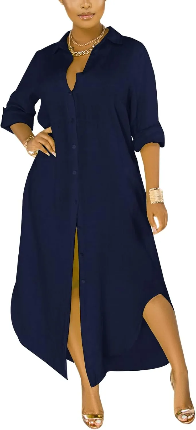 Women's Button Down Maxi Shirts - Casual Loose Long Sleeve Roll Up Shirt Dress Split Dresses