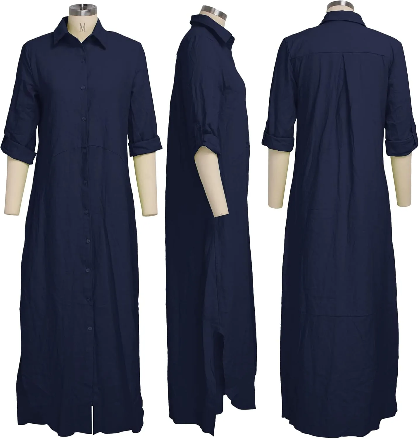 Women's Button Down Maxi Shirts - Casual Loose Long Sleeve Roll Up Shirt Dress Split Dresses