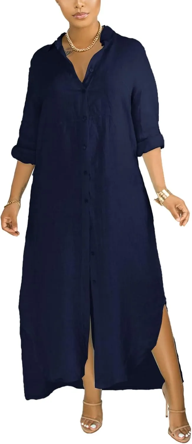 Women's Button Down Maxi Shirts - Casual Loose Long Sleeve Roll Up Shirt Dress Split Dresses