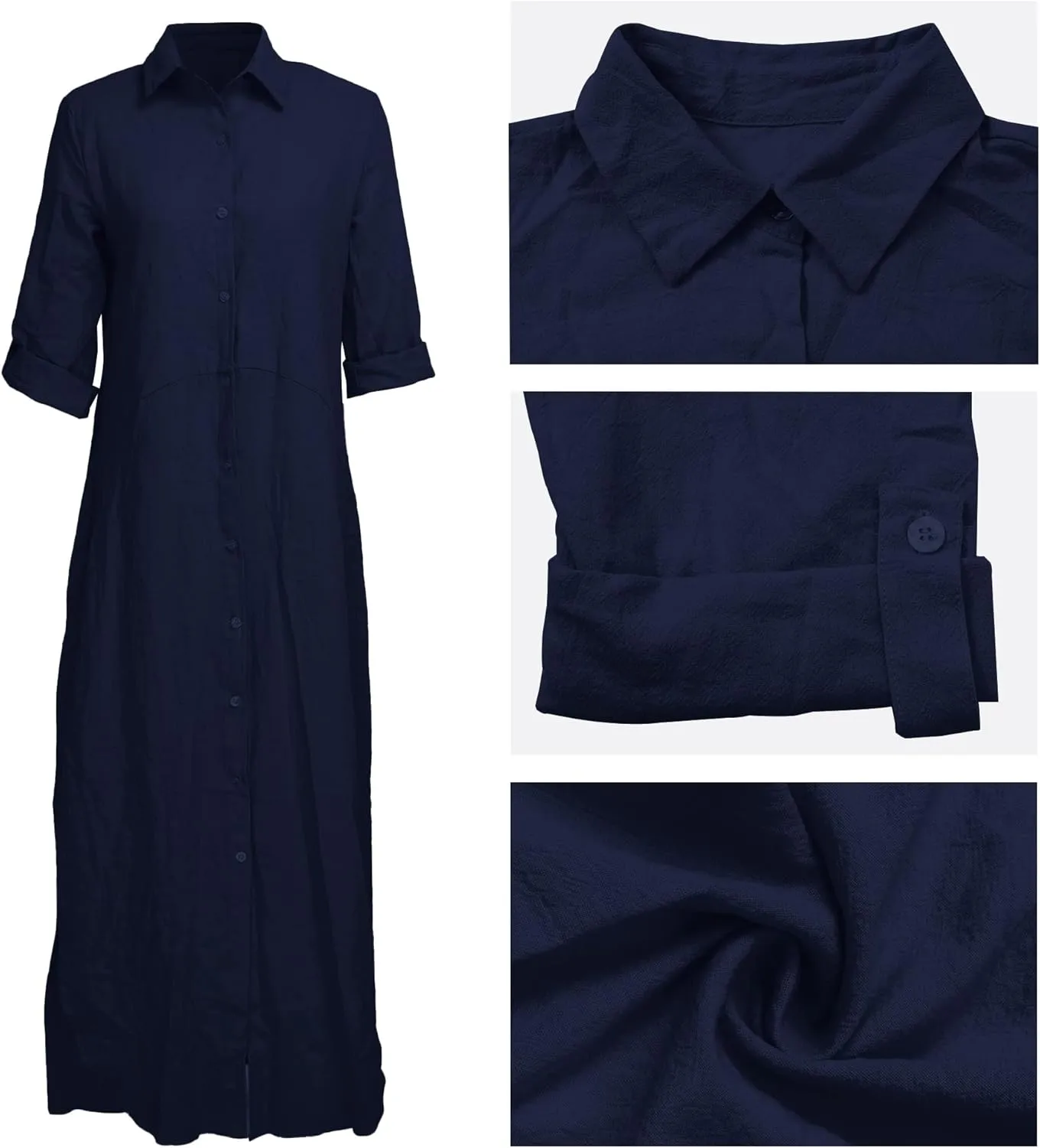 Women's Button Down Maxi Shirts - Casual Loose Long Sleeve Roll Up Shirt Dress Split Dresses