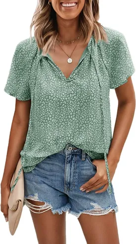 Women's Casual Floral Ruffle Short Sleeve Tops Cute Boho V Neck Loose Blouses Summer Fall Shirts