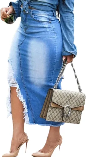 Womens Casual Slit Denim Midi Jean Skirt Stretch High Waist Frayed Button Up with Pockets