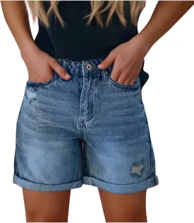 Womens Denim Shorts Stretchy Mid High Waisted Summer Beach Plus Size Casual Trendy Ripped Loose Fit Hot Short Jeans